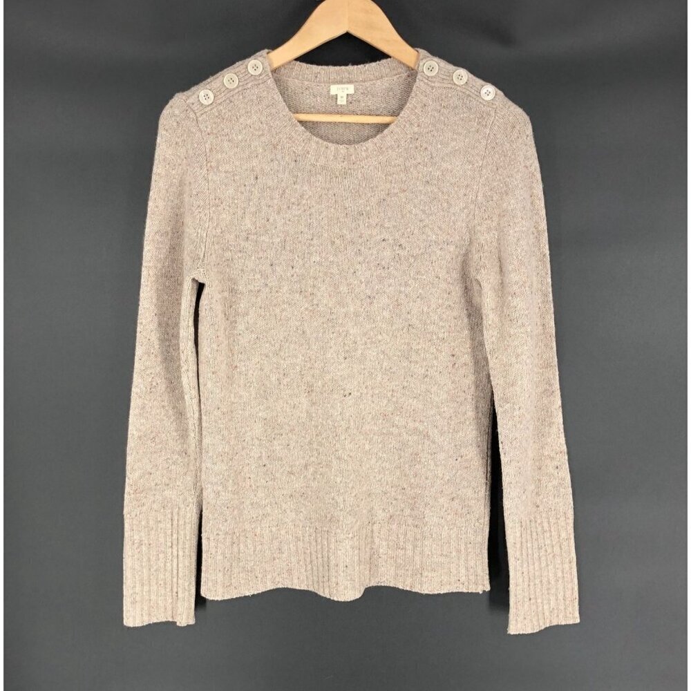 J.Crew Womens Button Shoulder Wool Flecked Sweater M Tan Preppy Old Money Office
